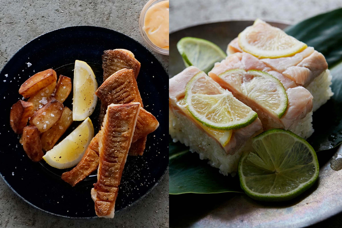 サクラマスのカリカリ焼き／サクラマスとレモンの箱寿司